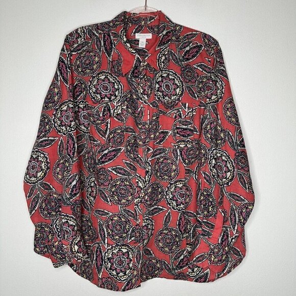 LInen Charter Club Shirt Button up Floral Long sleeve roll tab 18W Coral - Picture 1 of 10